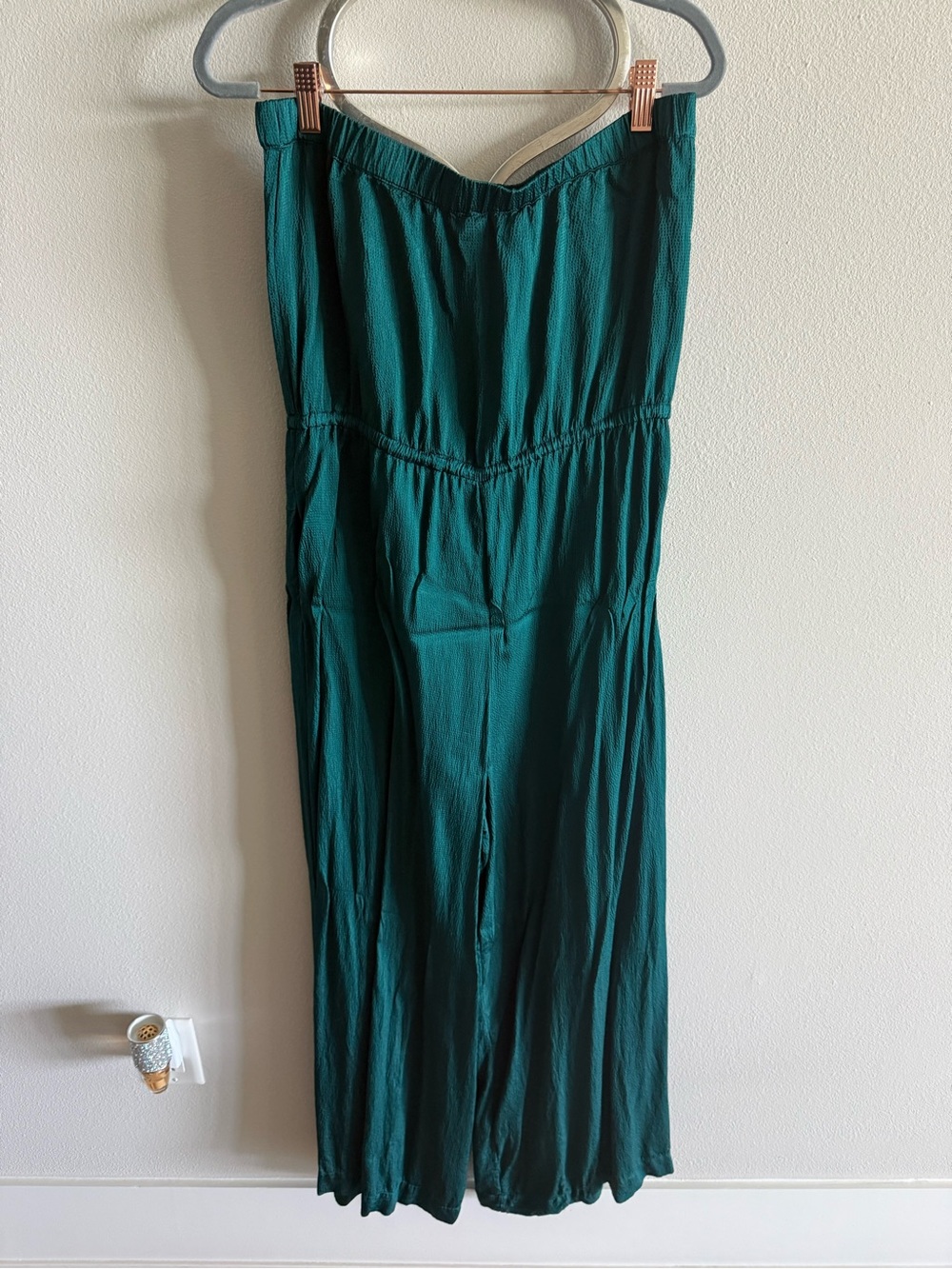 YFB Strapless Teal Wide-Leg Crepe Jumpsuit with Drawstring Waist Sz M - Picture 3 of 4